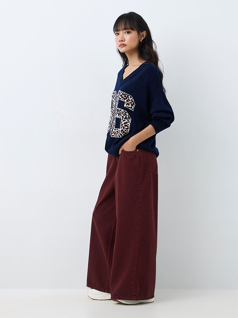 Nuon Burgundy Solid High-Waist Wide-Leg Jeans