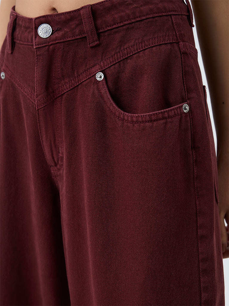 Nuon Burgundy Solid High-Waist Wide-Leg Jeans