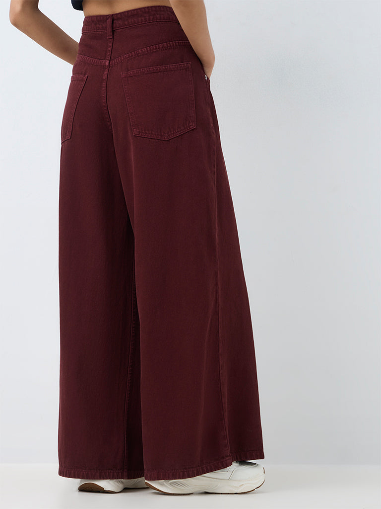 Nuon Burgundy Solid High-Waist Wide-Leg Jeans