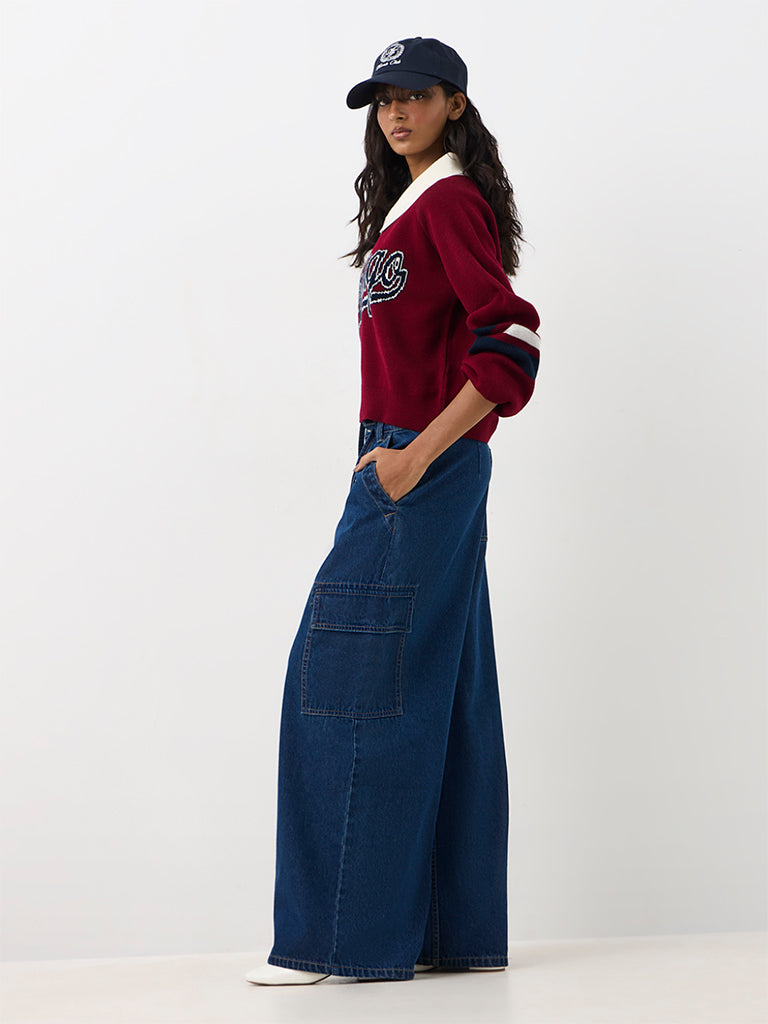 Nuon Dark Blue Relaxed-Fit High-Waist Cargo Jeans