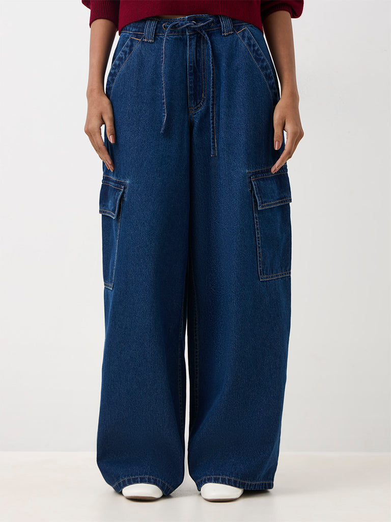Nuon Dark Blue Relaxed-Fit High-Waist Cargo Jeans