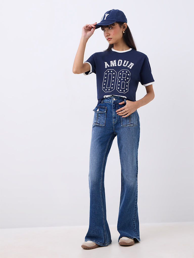 Nuon Navy Numerical Printed Cotton T-Shirt