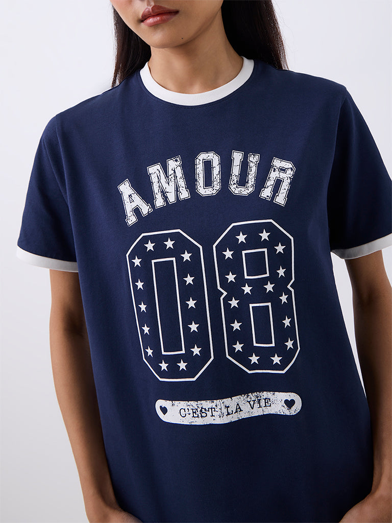 Nuon Navy Numerical Printed Cotton T-Shirt