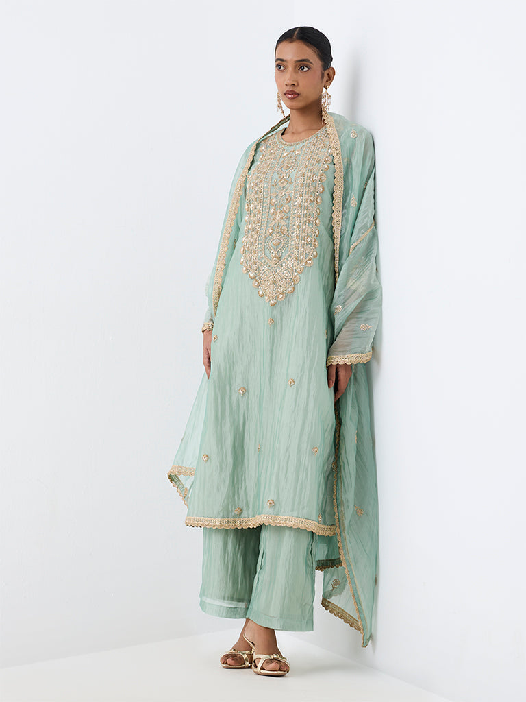 Vark Mint Floral Embroidered A-Line Ethnic Set