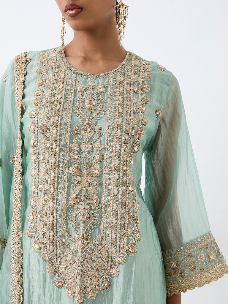 Vark Mint Floral Embroidered A-Line Ethnic Set