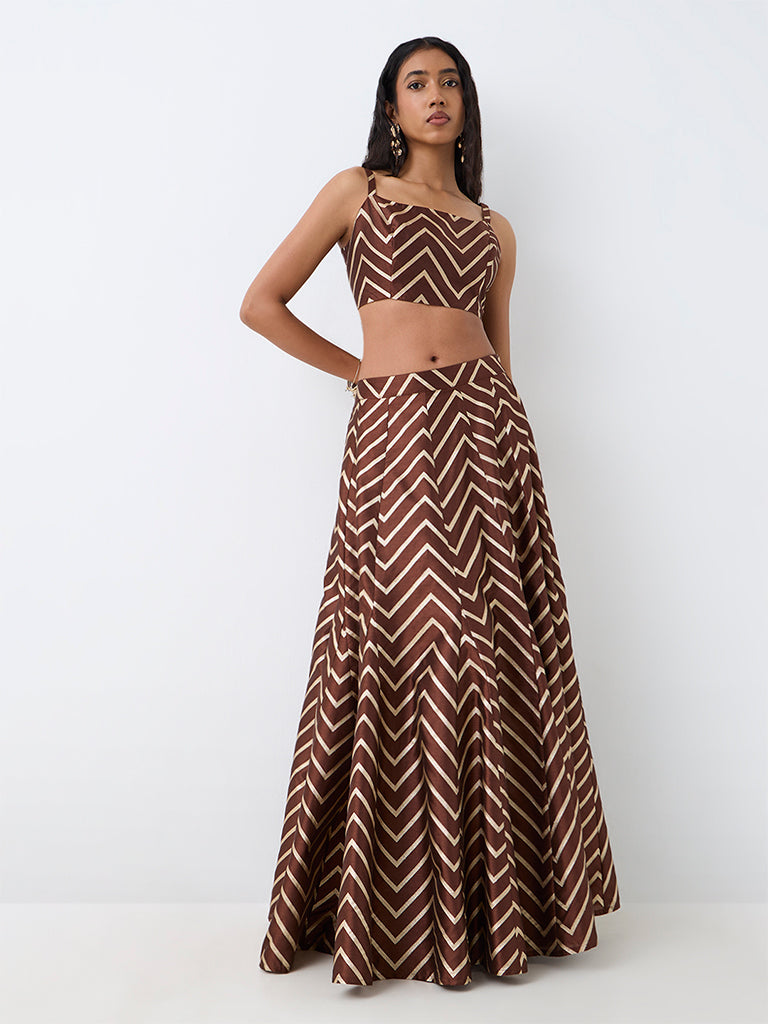 Vark Dark Brown Chevron Pattern Flared Skirt