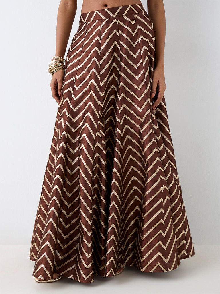 Vark Dark Brown Chevron Pattern Flared Skirt