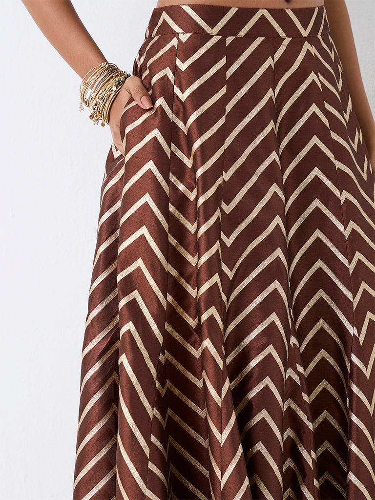 Vark Dark Brown Chevron Pattern Flared Skirt