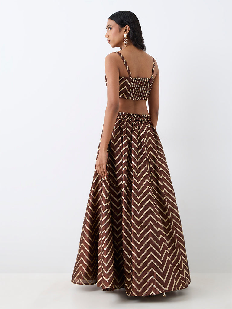 Vark Dark Brown Chevron Pattern Flared Skirt
