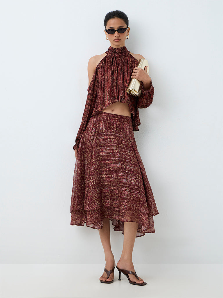 LOV Brown Printed Cold-Shoulder Top