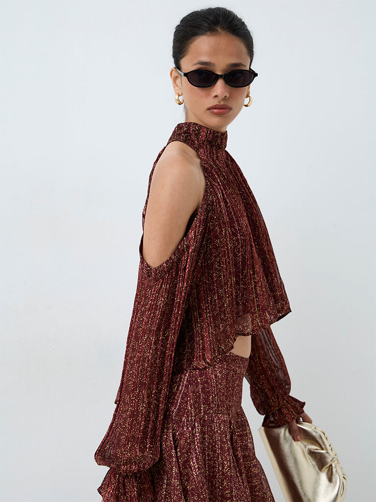LOV Brown Printed Cold-Shoulder Top