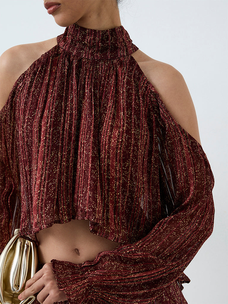 LOV Brown Printed Cold-Shoulder Top