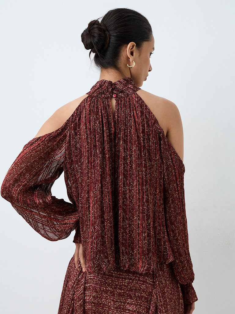 LOV Brown Printed Cold-Shoulder Top