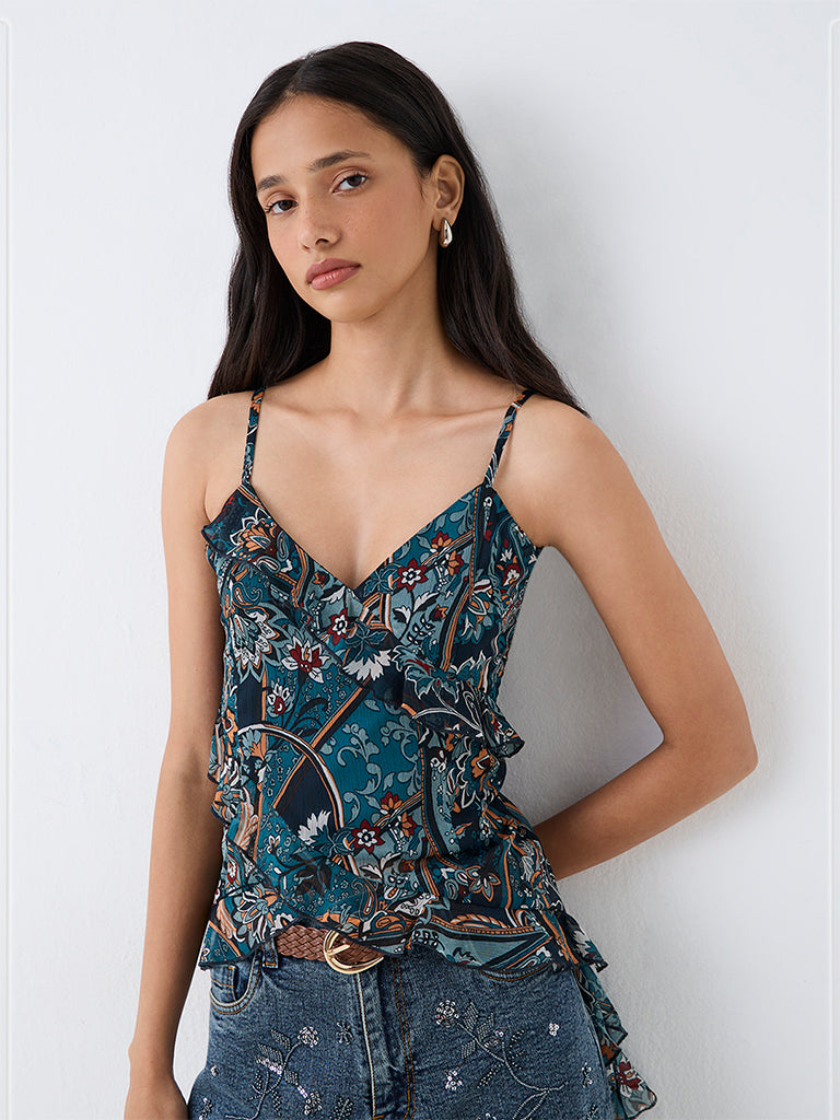 LOV Dark Teal Floral Printed Ruffled Top