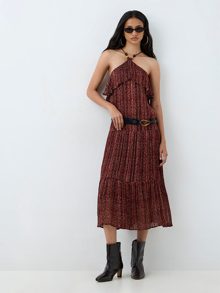 LOV Brown Printed Tiered Dress