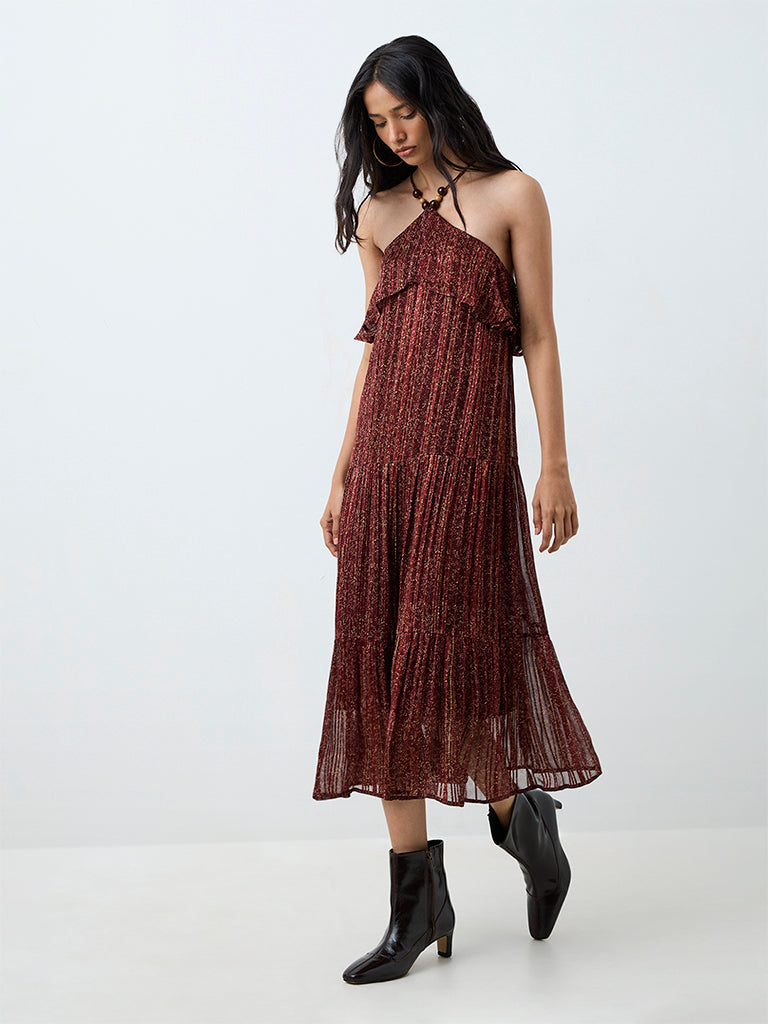 LOV Brown Printed Tiered Dress