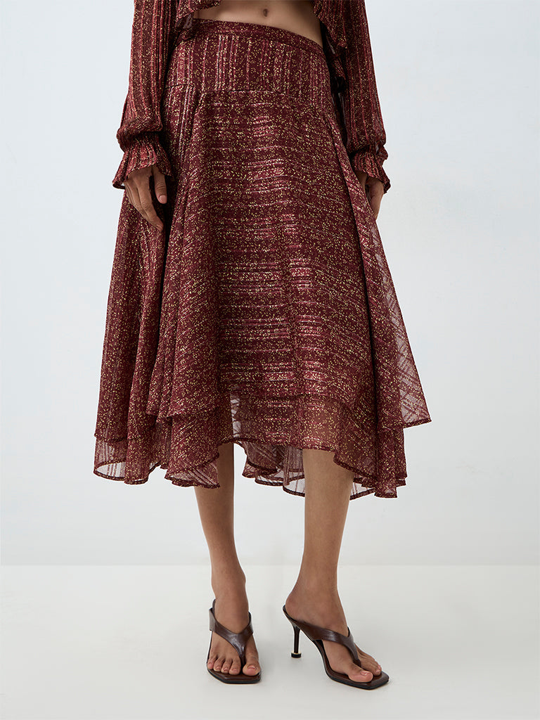 LOV Rust Printed High-Waist Midi Skirt