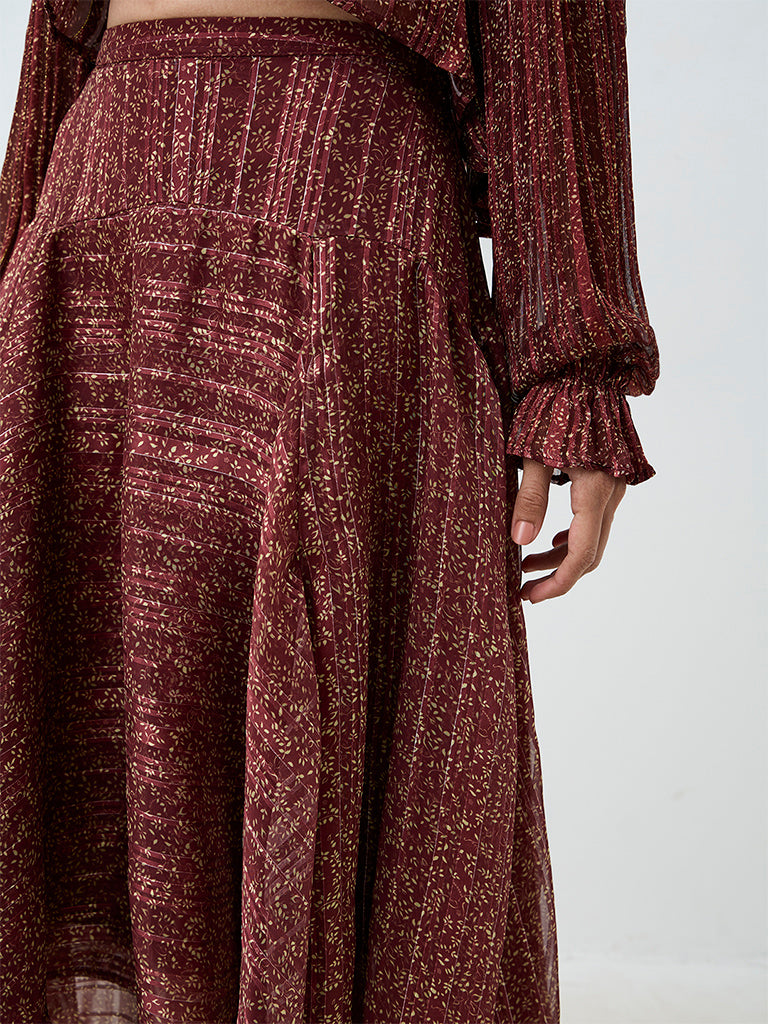 LOV Rust Printed High-Waist Midi Skirt