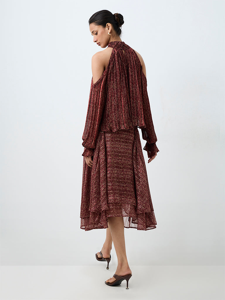 LOV Rust Printed High-Waist Midi Skirt