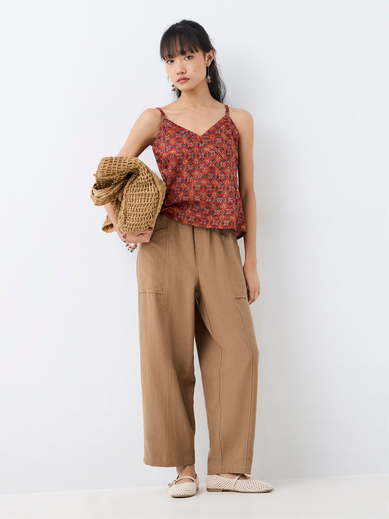 Bombay Paisley Dark Beige High-Rise Cotton-Blend Tapered Pants