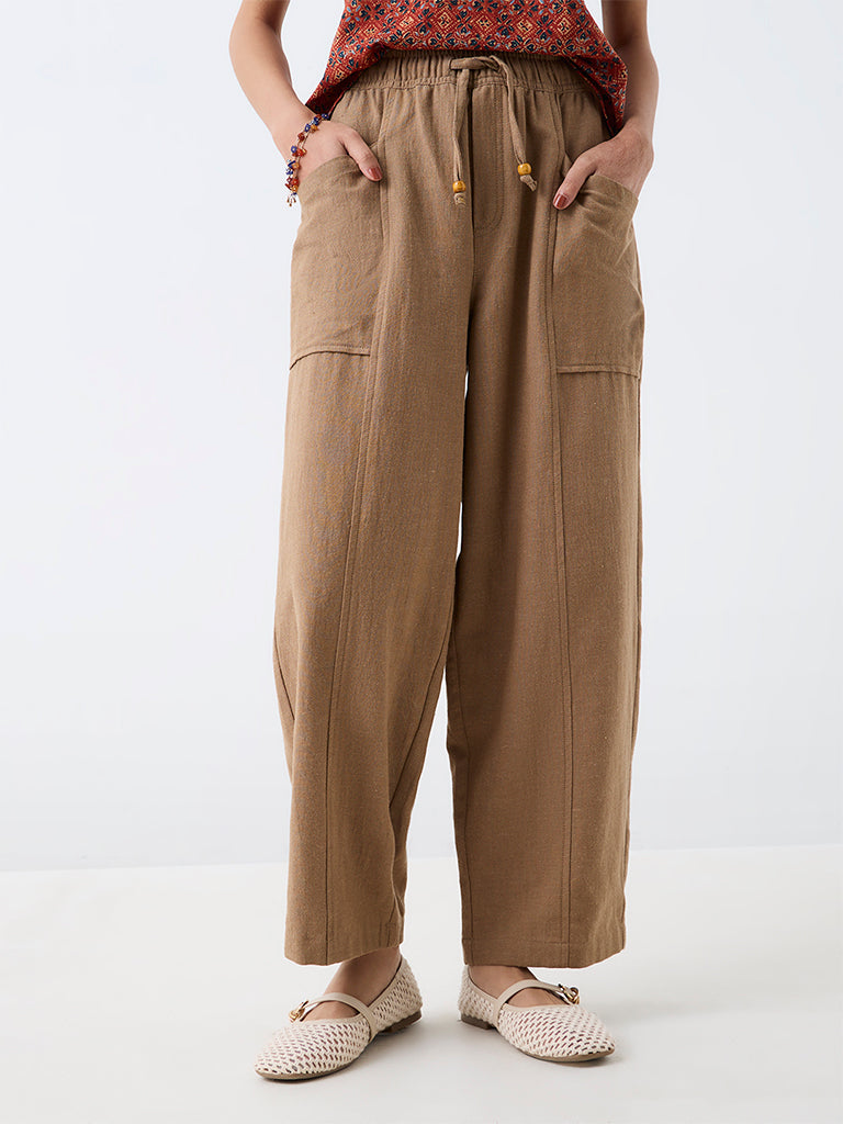 Bombay Paisley Dark Beige High-Rise Cotton-Blend Tapered Pants