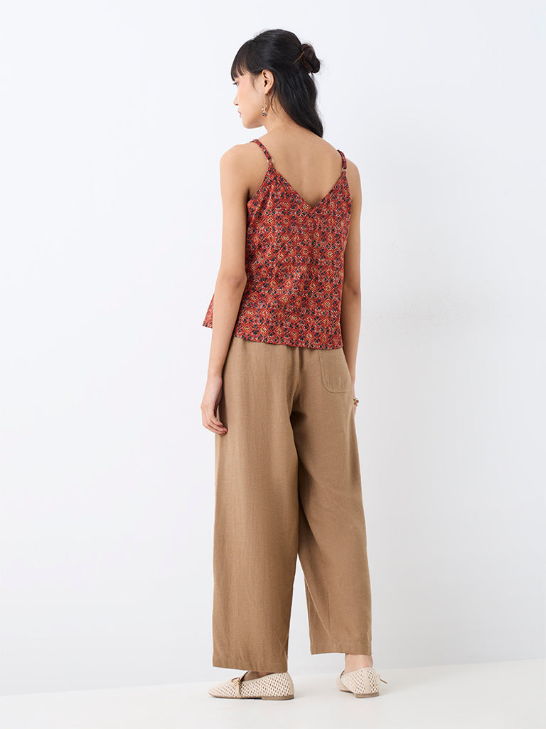 Bombay Paisley Dark Beige High-Rise Cotton-Blend Tapered Pants