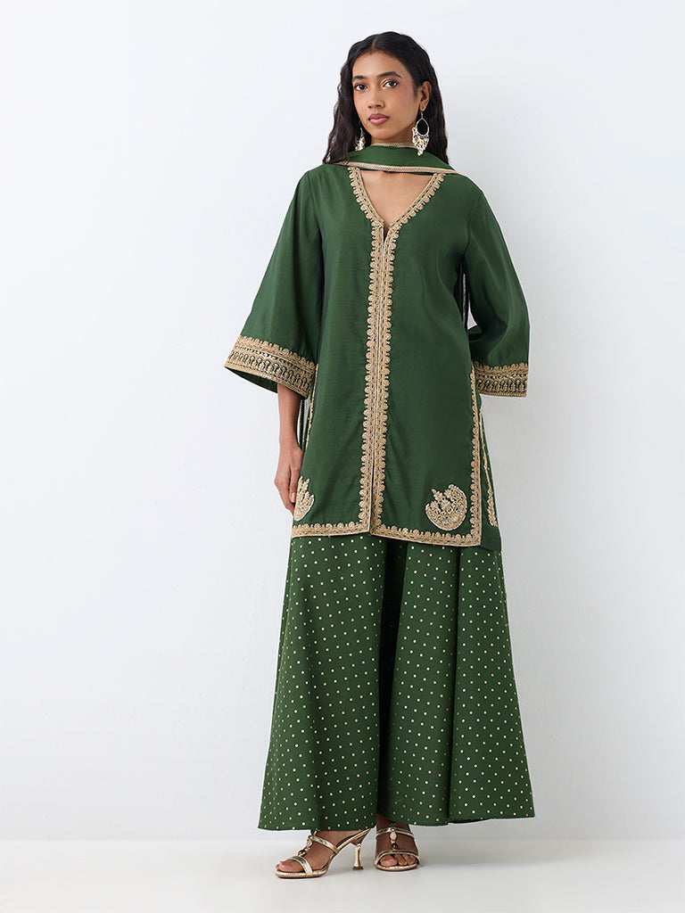 Vark Green Zari Embroidered A-Line Kurta and Flared Palazzos Set