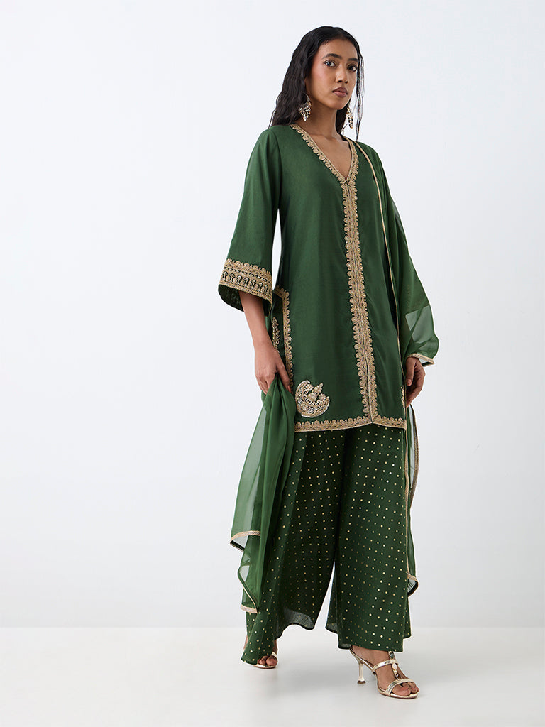 Vark Green Zari Embroidered A-Line Kurta and Flared Palazzos Set