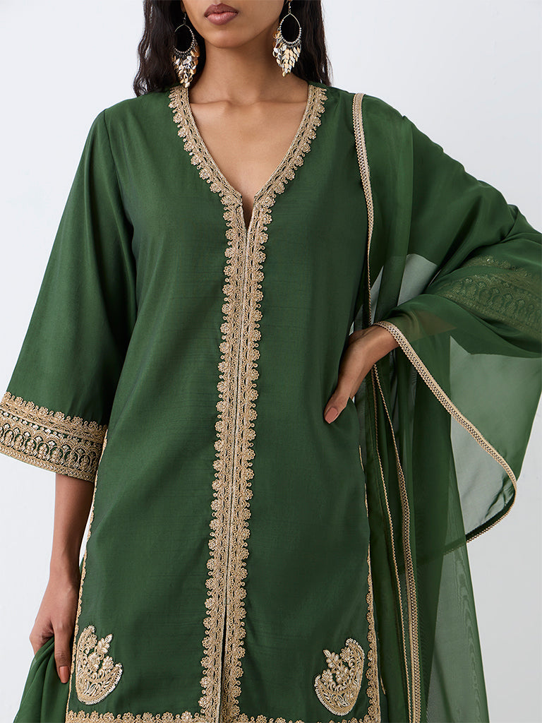 Vark Green Zari Embroidered A-Line Kurta and Flared Palazzos Set