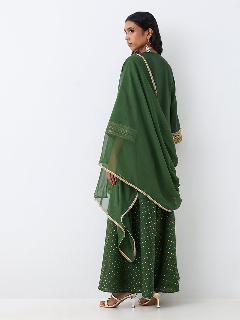 Vark Green Zari Embroidered A-Line Kurta and Flared Palazzos Set