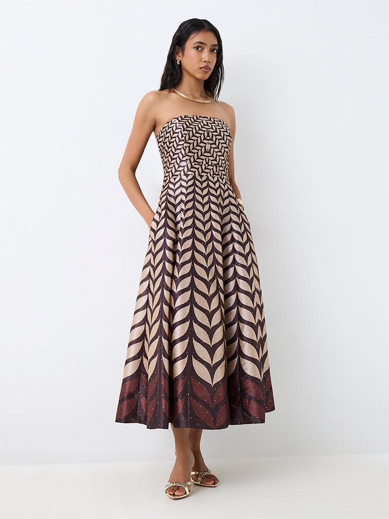 Vark Dark Brown Botanical Pattern Tube Dress