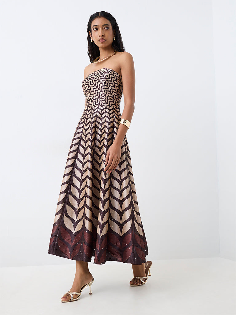 Vark Dark Brown Botanical Pattern Tube Dress