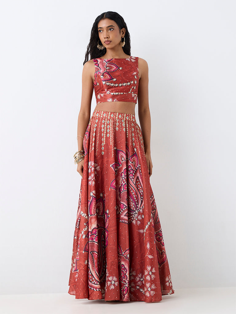 Vark Red Floral Printed Flared Skirt