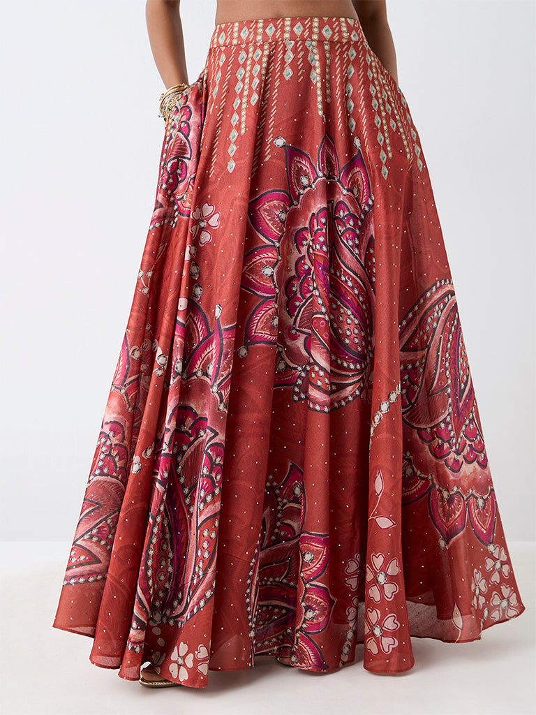 Vark Red Floral Printed Flared Skirt