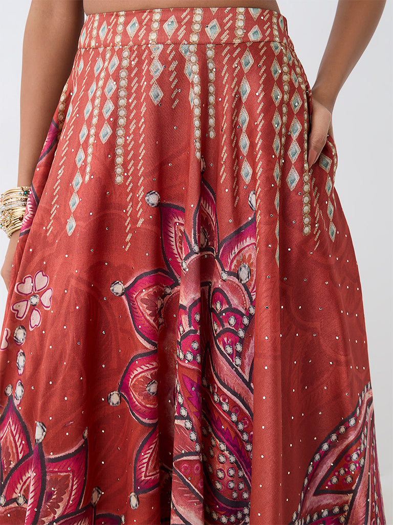 Vark Red Floral Printed Flared Skirt