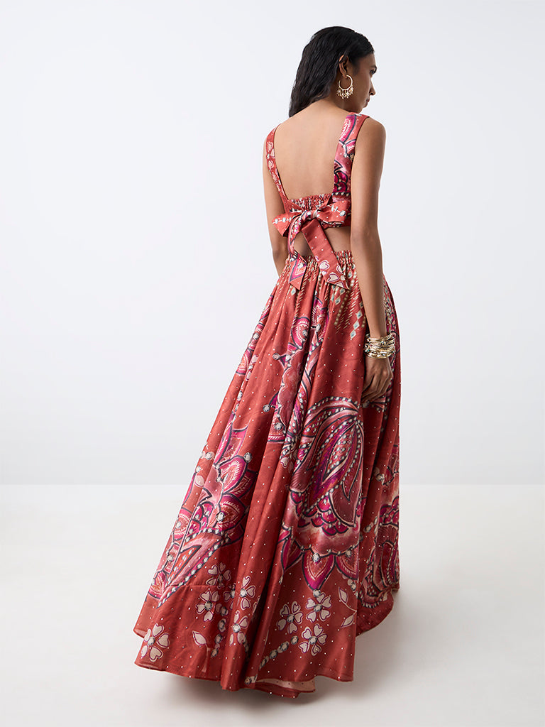 Vark Red Floral Printed Flared Skirt