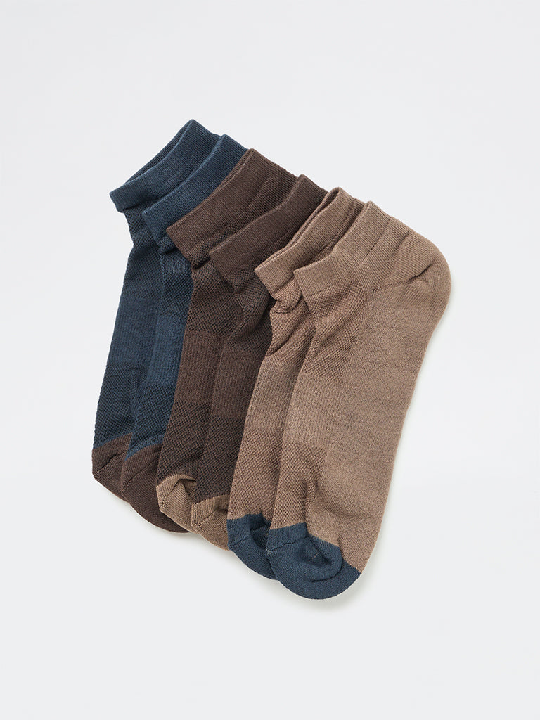 WES Lounge Brown Colour-Blocked Cotton-Blend Ankle Socks - Pack of 3
