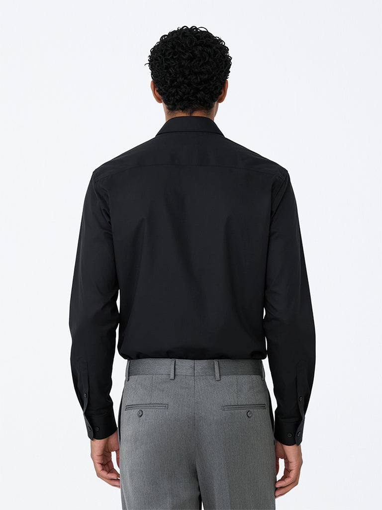 WES Formals Black Solid Slim-Fit Cotton Shirt