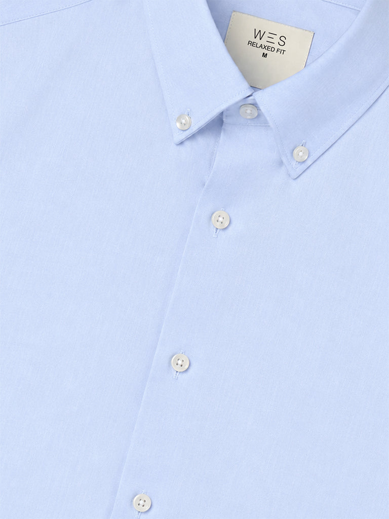 WES Formals Blue Solid Slim-Fit Cotton Shirt