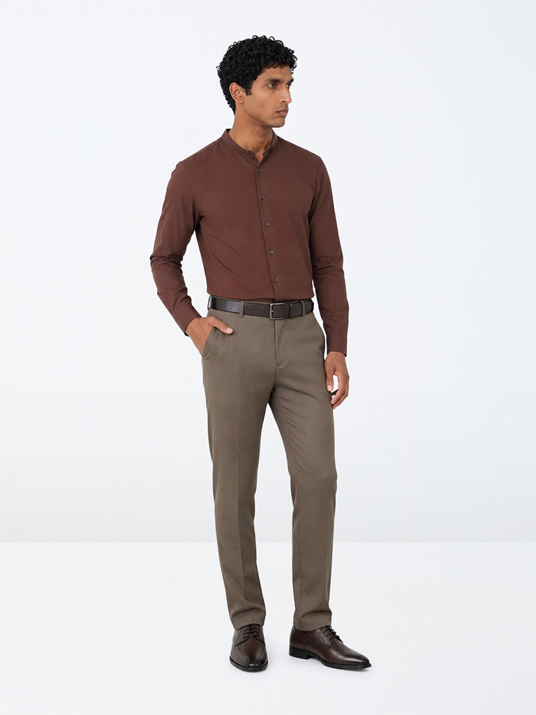 WES Formals Dark Brown Solid Slim-Fit Shirt