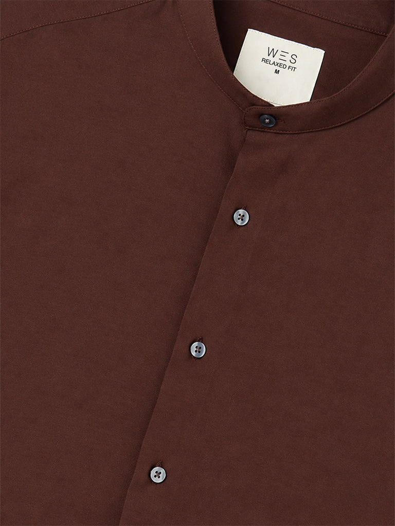 WES Formals Dark Brown Solid Slim-Fit Shirt