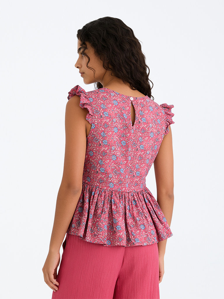 Utsa Kids Girls Dusty Pink Floral Printed Cotton Peplum Top - (8-14 yrs)