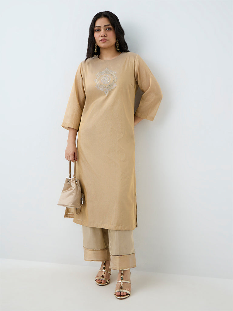 Diza Light Gold Sheer-Panel Pants