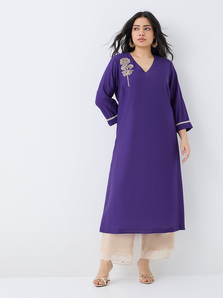 Diza Violet Floral Embroidered Cotton-Blend A-Line Kurta
