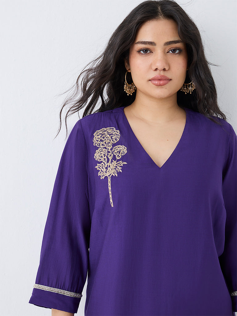 Diza Violet Floral Embroidered Cotton-Blend A-Line Kurta