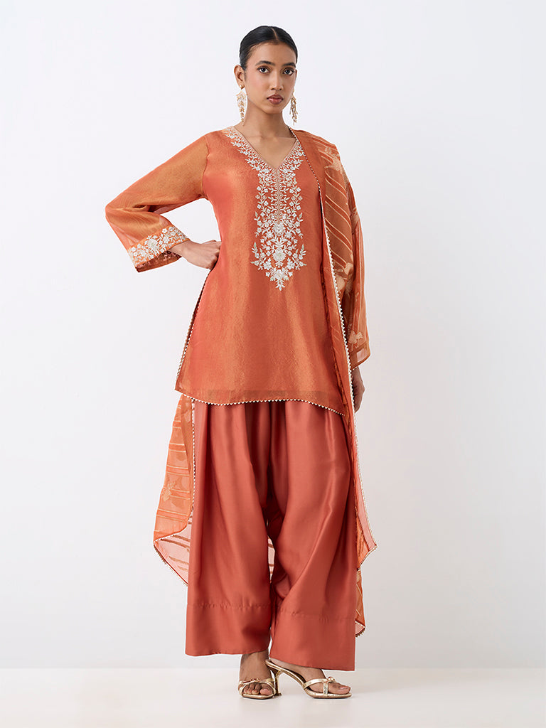 Vark Rust Floral Embroidered A-Line Kurta and Salwar Set