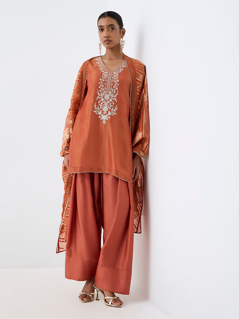 Vark Rust Floral Embroidered A-Line Kurta and Salwar Set