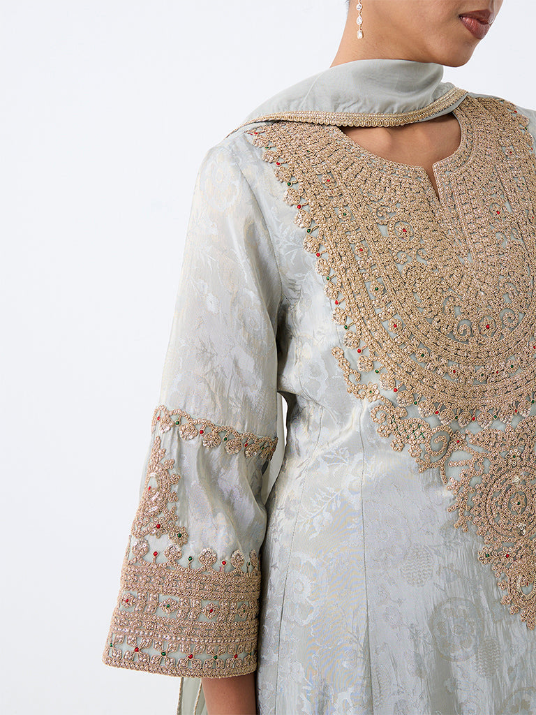 Vark Light Grey Zari-Embroidered A-Line Ethnic Set