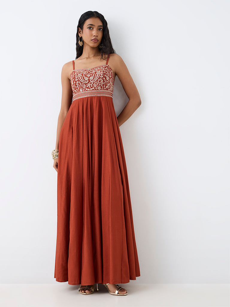 Vark Rust Floral Embroidered Fit-and-Flare Dress