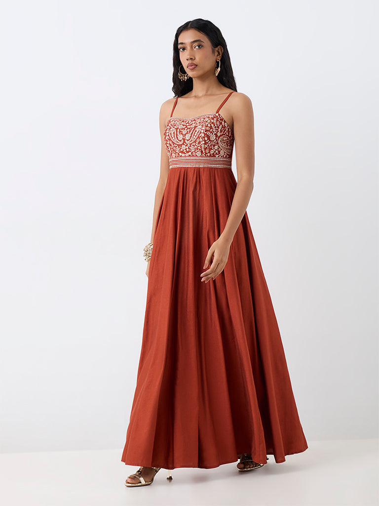 Vark Rust Floral Embroidered Fit-and-Flare Dress